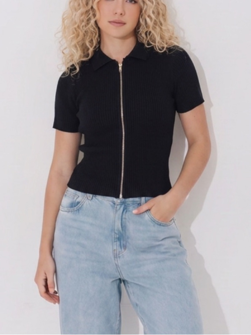 Vintage Paul Harris Design Ribbed Short-Sleeve Full Zip Polo Top - Black